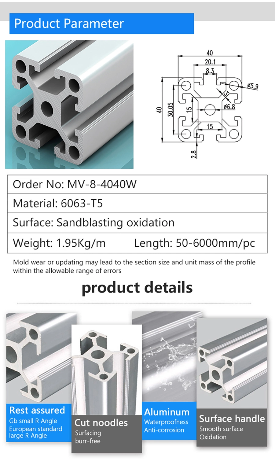 Aluminium Sliding Door Frame 4040 Aluminum Track Extrusion Profile for LED Workbench